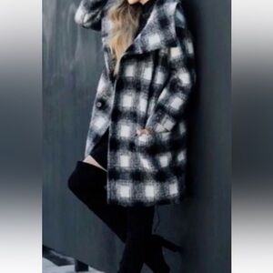 BANANA REPUBLIC Double Breasted  Plaid Cocoon Coat Italian Wool Blend Sz Medium